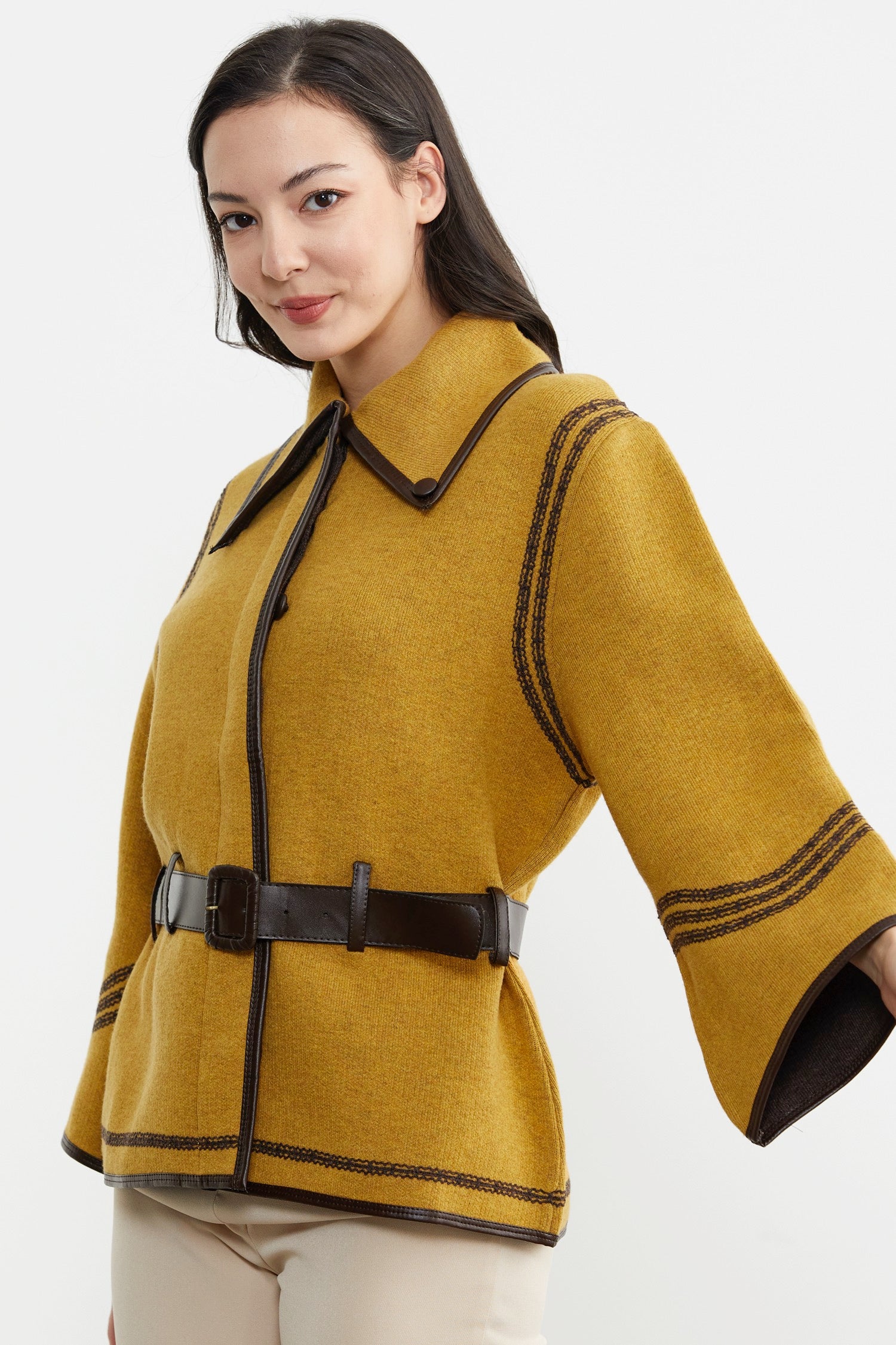 Suni Deri Kemer Detaylı Triko Ceket - Güneş - Kahverengi (4) Sementa