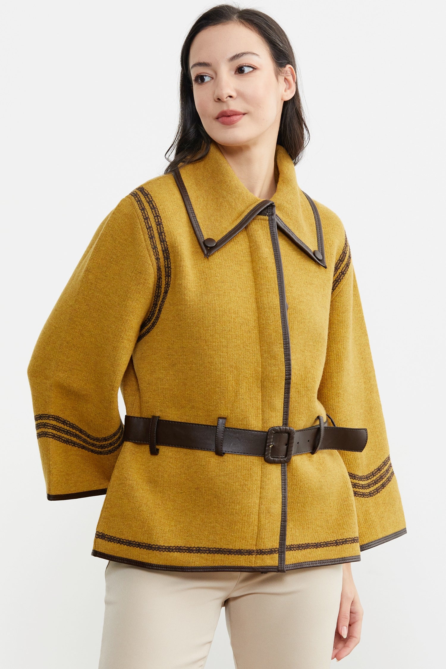 Suni Deri Kemer Detaylı Triko Ceket - Güneş - Kahverengi (5) Sementa