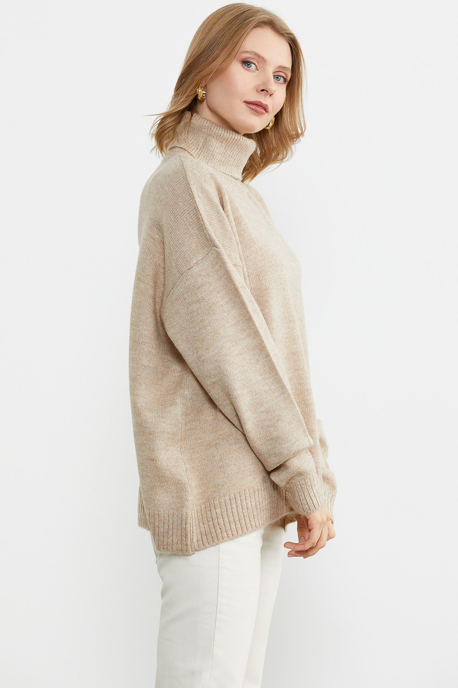 Tam Balıkçı Dökümlü Triko Kazak - Bej (4) Sementa