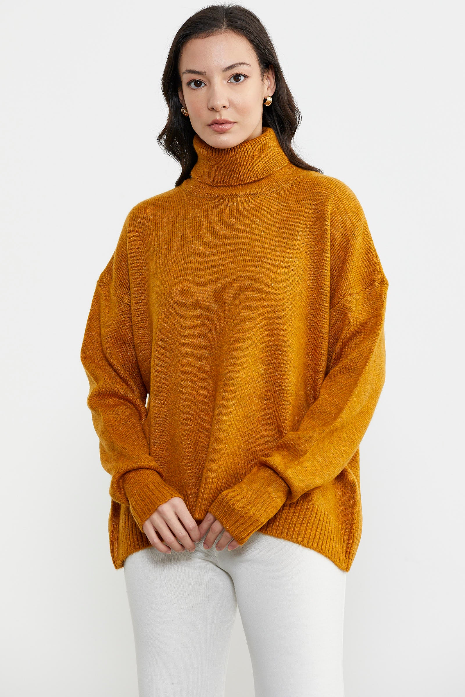 Tam Balıkçı Dökümlü Triko Kazak - Hardal (2) Sementa