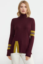 Tam Balıkçı Renk Detaylı Triko Kazak - Bordo (1) Sementa