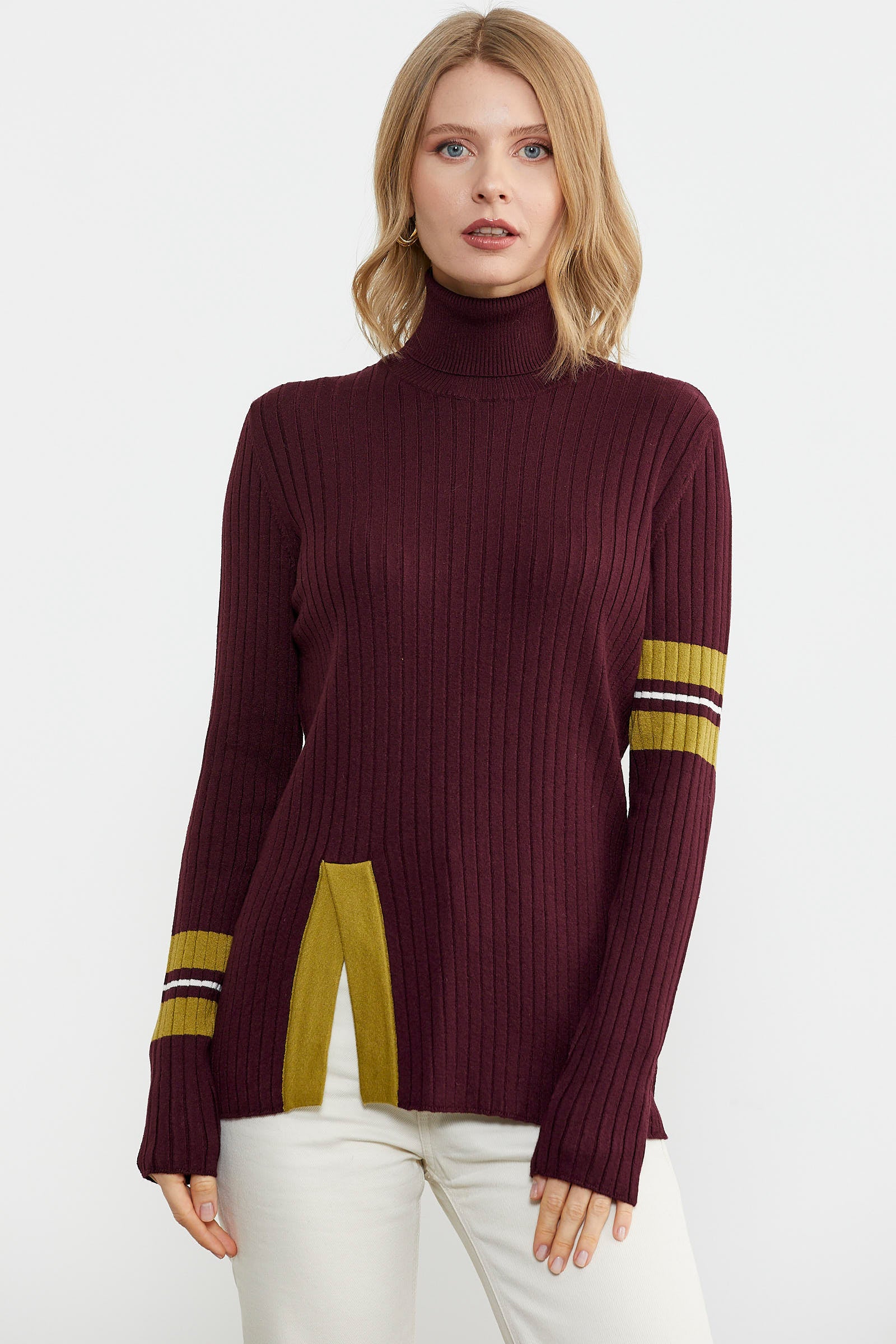 Tam Balıkçı Renk Detaylı Triko Kazak - Bordo (1) Sementa