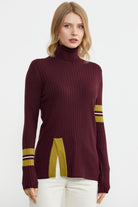 Tam Balıkçı Renk Detaylı Triko Kazak - Bordo (2) Sementa