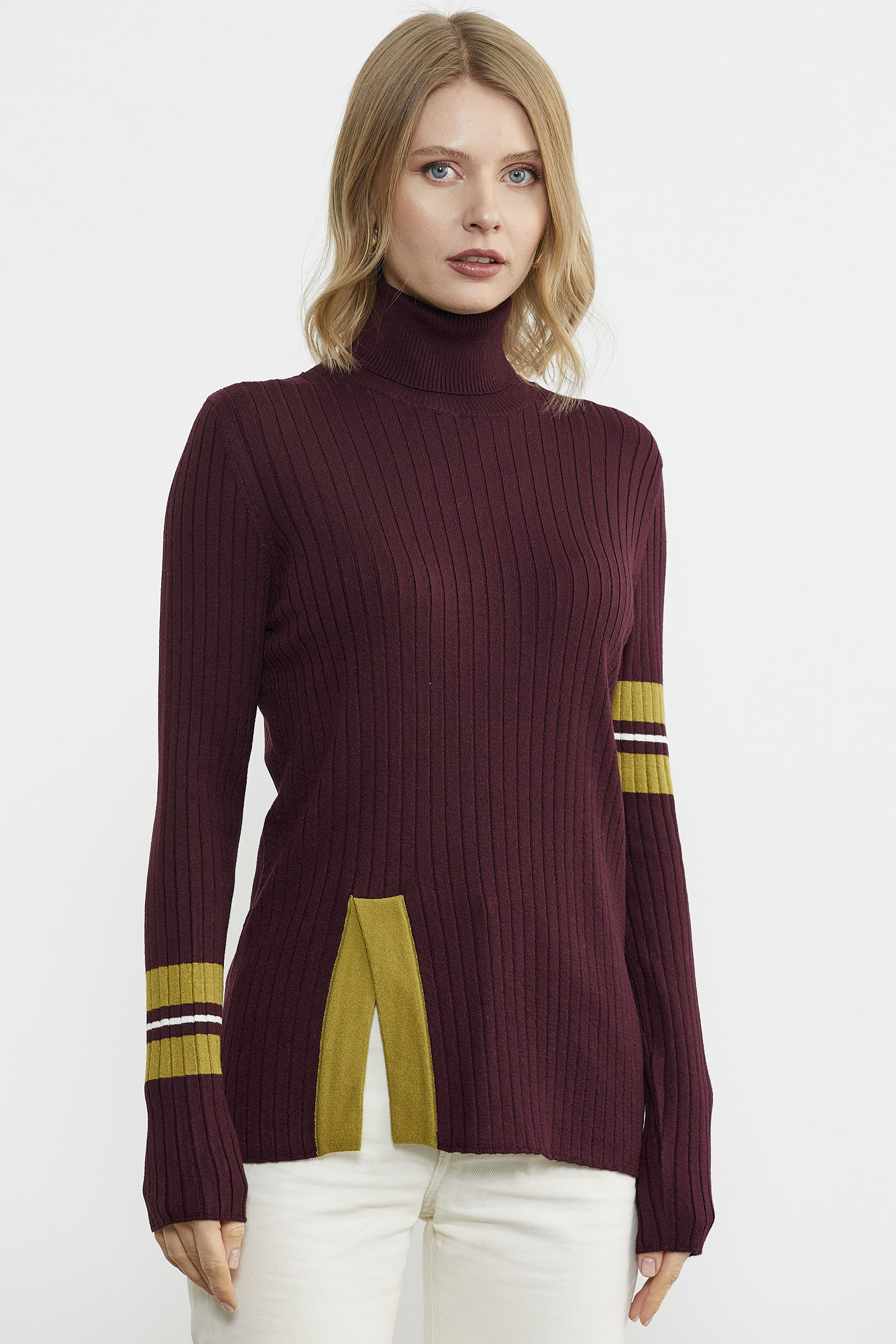 Tam Balıkçı Renk Detaylı Triko Kazak - Bordo (2) Sementa