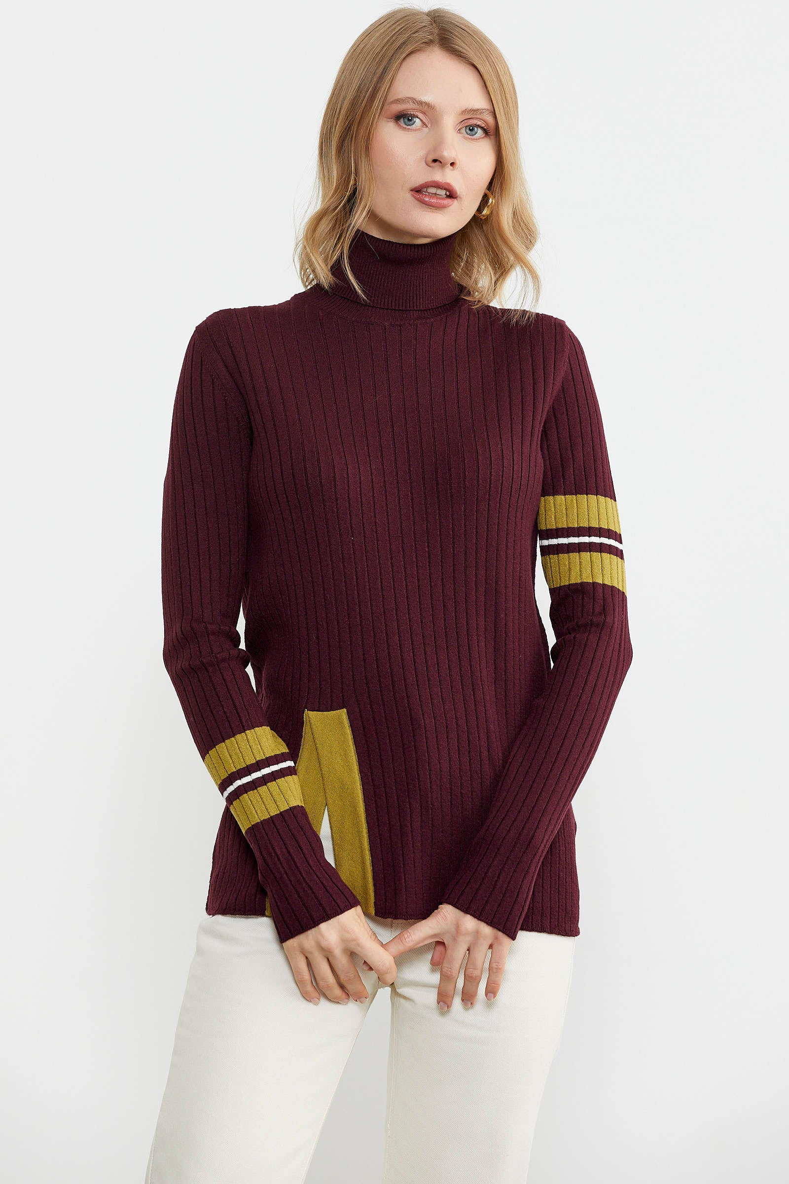 Tam Balıkçı Renk Detaylı Triko Kazak - Bordo (3) Sementa