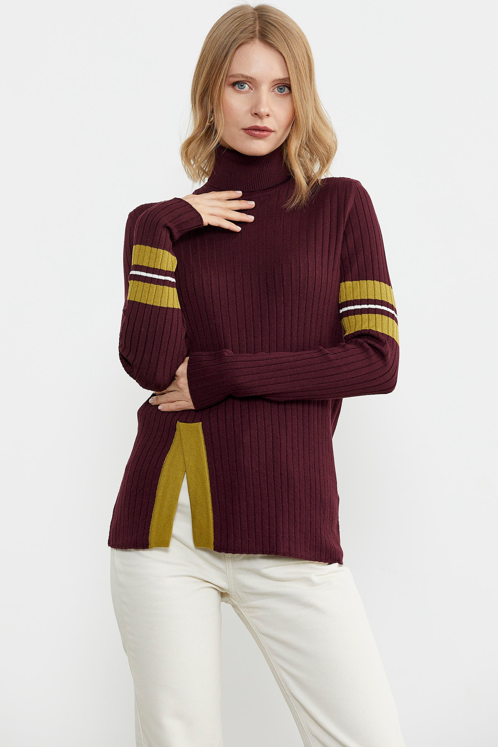 Tam Balıkçı Renk Detaylı Triko Kazak - Bordo (4) Sementa