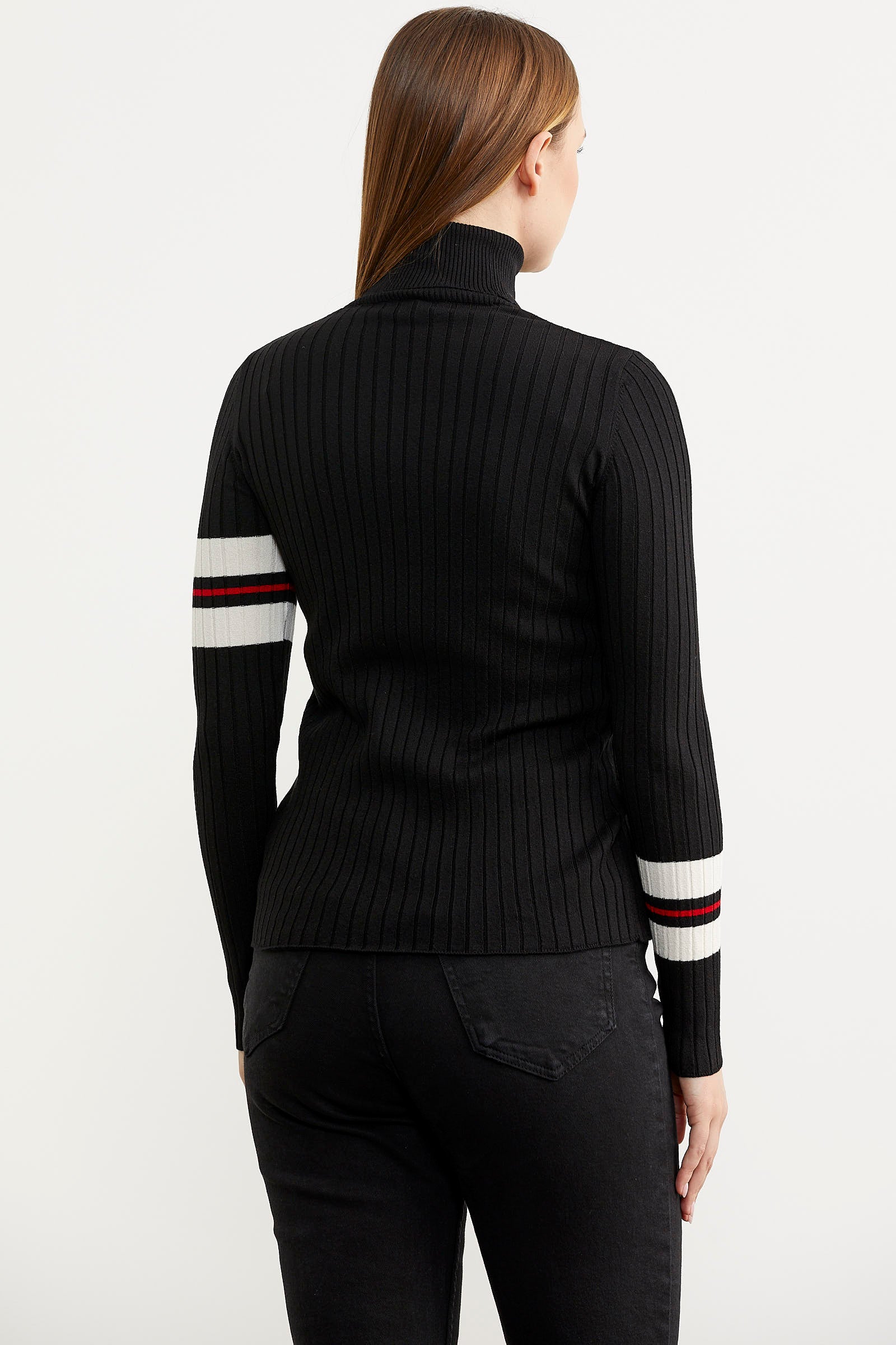 Tam Balıkçı Renk Detaylı Triko Kazak - Siyah (5) Sementa