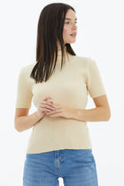 Tam Balıkçı Yaka Kısa Kollu Triko Kazak - Krem (3) Sementa