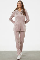 Tam Fermuarlı Kadife Taşlı Eşofman Takım - Açık Pembe (1) Sementa