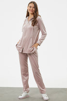 Tam Fermuarlı Kadife Taşlı Eşofman Takım - Açık Pembe (3) Sementa