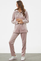 Tam Fermuarlı Kadife Taşlı Eşofman Takım - Açık Pembe (4) Sementa