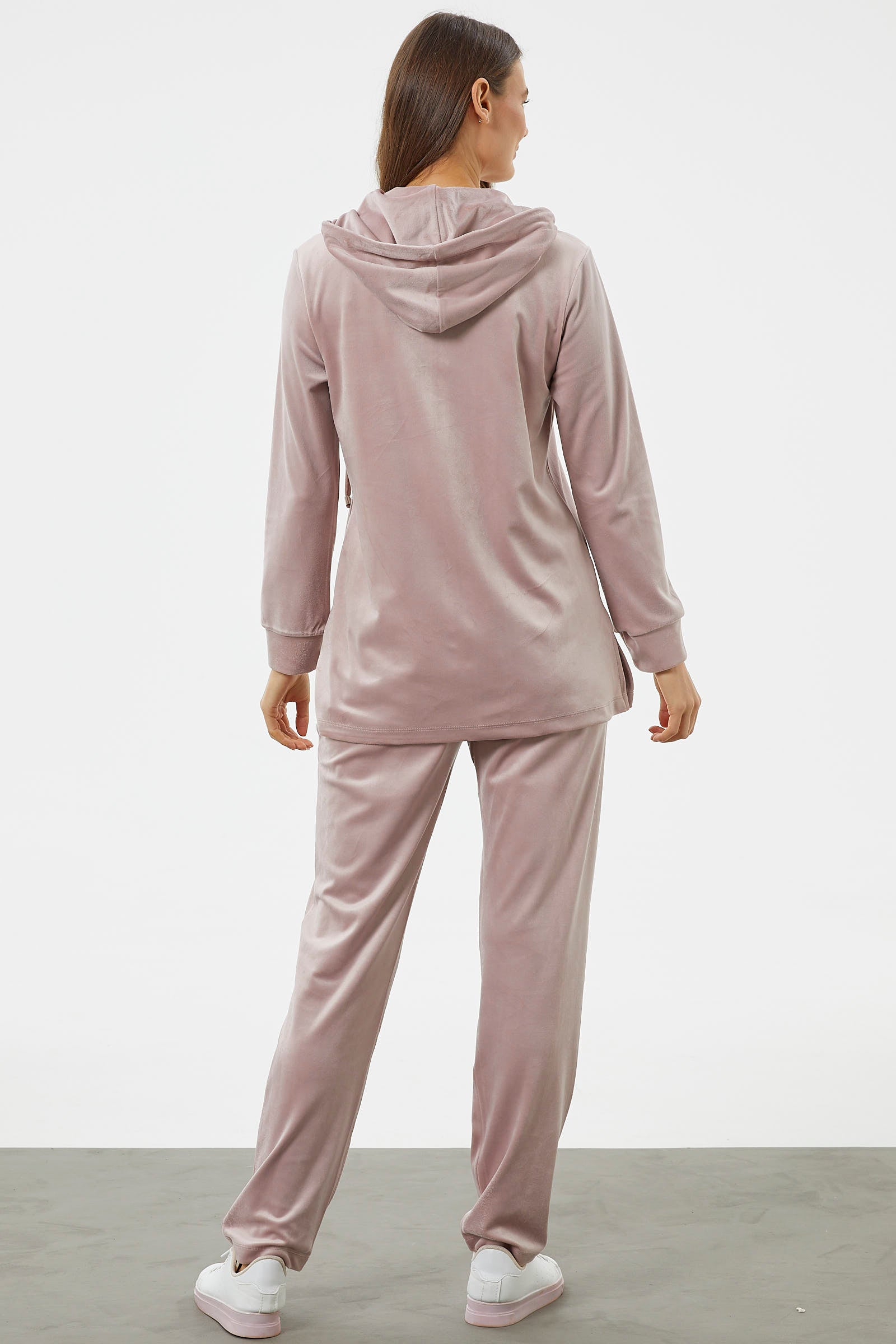 Tam Fermuarlı Kadife Taşlı Eşofman Takım - Açık Pembe (6) Sementa