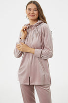 Tam Fermuarlı Kadife Taşlı Eşofman Takım - Açık Pembe (5) Sementa