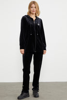 Tam Fermuarlı Tunik Boy Kadife Eşofman Takım - Siyah (4) Sementa