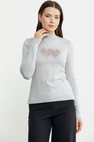 Taş Detaylı Dik Yaka Triko Kazak - Gri - Sementa