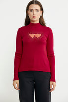 Taş Detaylı Dik Yaka Triko Kazak - Kırmızı - Sementa