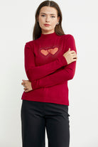 Taş Detaylı Dik Yaka Triko Kazak - Kırmızı - Sementa