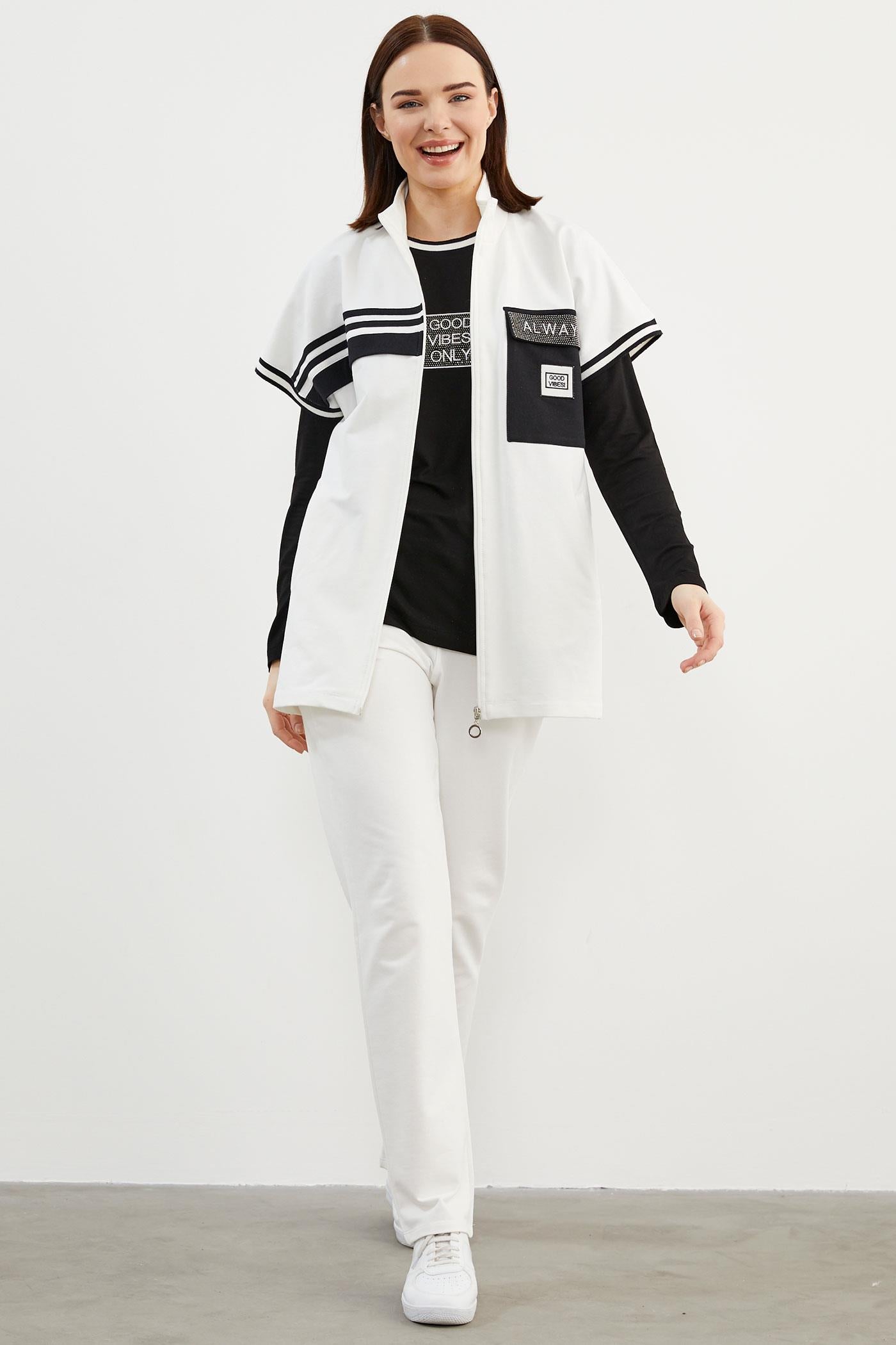 Taş Detaylı Geniş Kalıp Üçlü Eşofman Takım - Ekru (6) Sementa