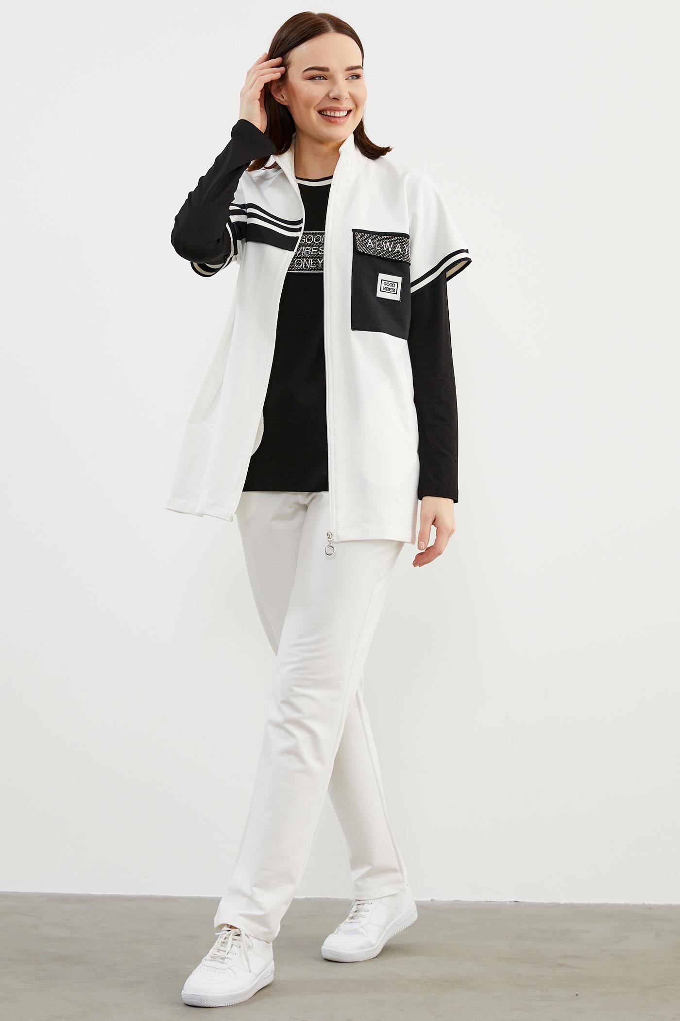 Taş Detaylı Geniş Kalıp Üçlü Eşofman Takım - Ekru (7) Sementa