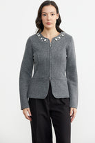 Taş Detaylı Kısa Yünlü Triko Ceket - Koyu Gri (1) Sementa