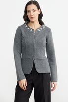 Taş Detaylı Kısa Yünlü Triko Ceket - Koyu Gri (2) Sementa