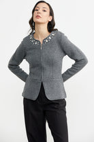 Taş Detaylı Kısa Yünlü Triko Ceket - Koyu Gri (3) Sementa