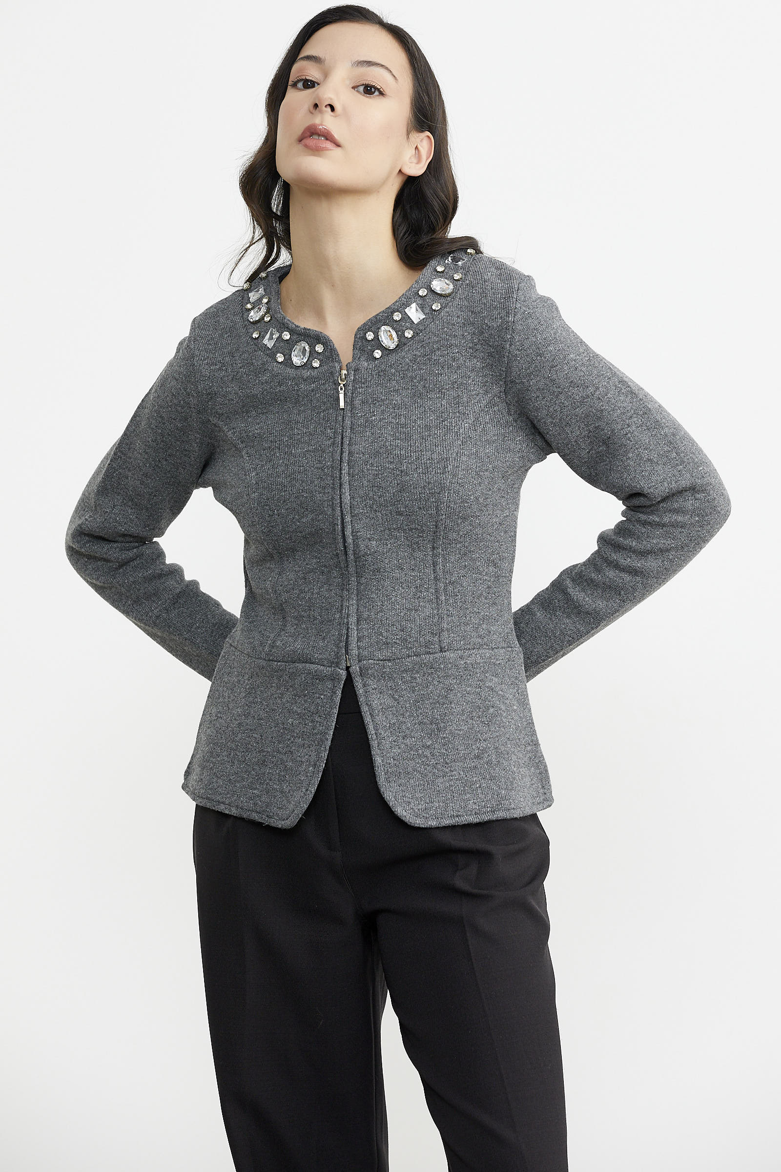 Taş Detaylı Kısa Yünlü Triko Ceket - Koyu Gri (3) Sementa