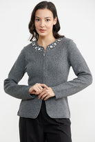 Taş Detaylı Kısa Yünlü Triko Ceket - Koyu Gri (5) Sementa