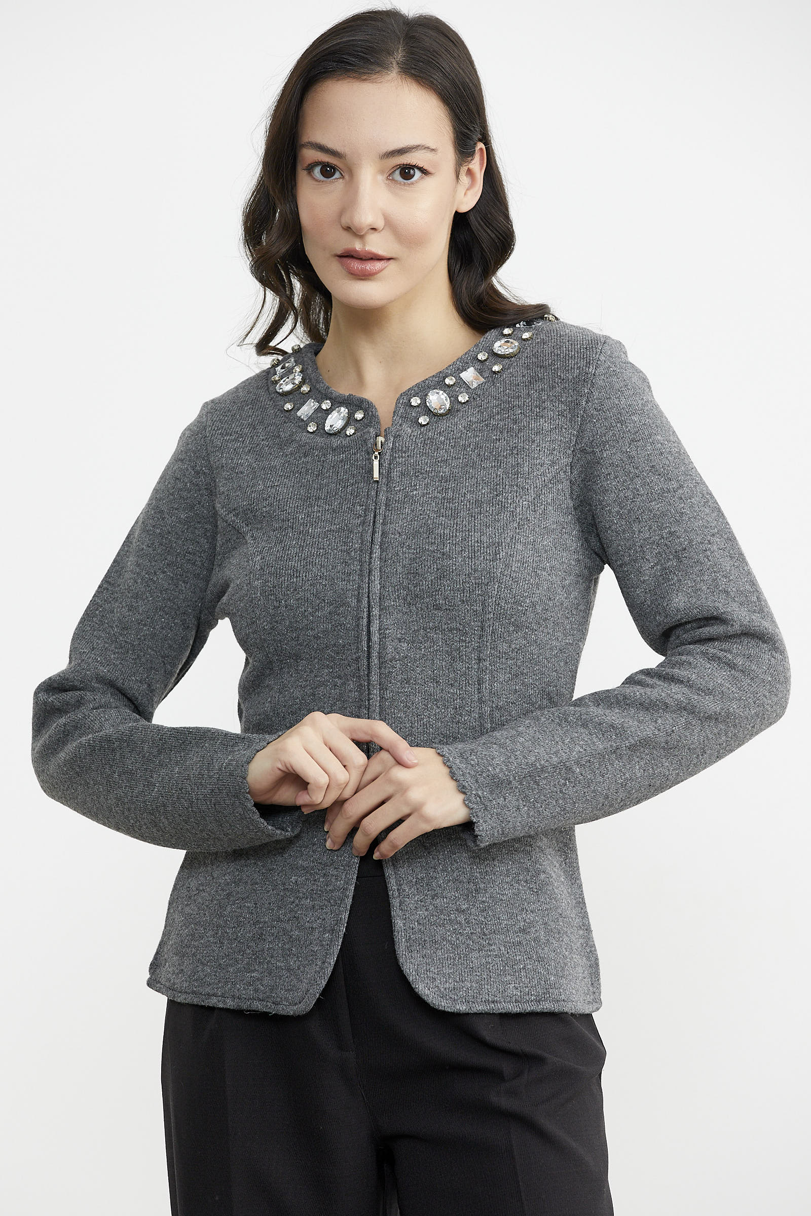 Taş Detaylı Kısa Yünlü Triko Ceket - Koyu Gri (5) Sementa