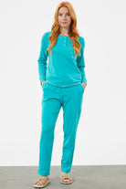 Taş Detaylı Sıfır Yaka Pijama Takımı - Mavi (1) Sementa