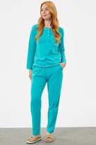 Taş Detaylı Sıfır Yaka Pijama Takımı - Mavi (2) Sementa