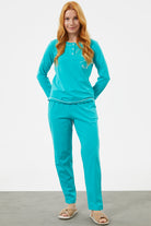 Taş Detaylı Sıfır Yaka Pijama Takımı - Mavi (3) Sementa