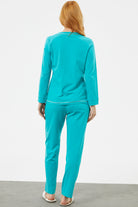 Taş Detaylı Sıfır Yaka Pijama Takımı - Mavi (5) Sementa