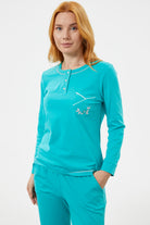 Taş Detaylı Sıfır Yaka Pijama Takımı - Mavi (4) Sementa