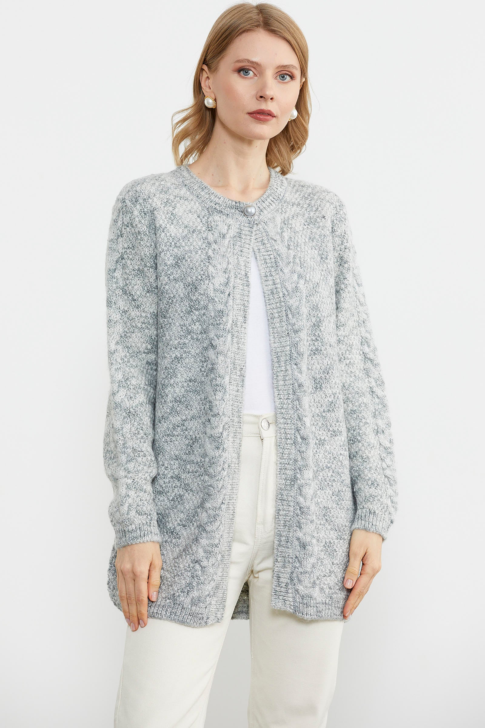 Tek Düğme Uzun Triko Hırka - Açık Gri (1) Sementa