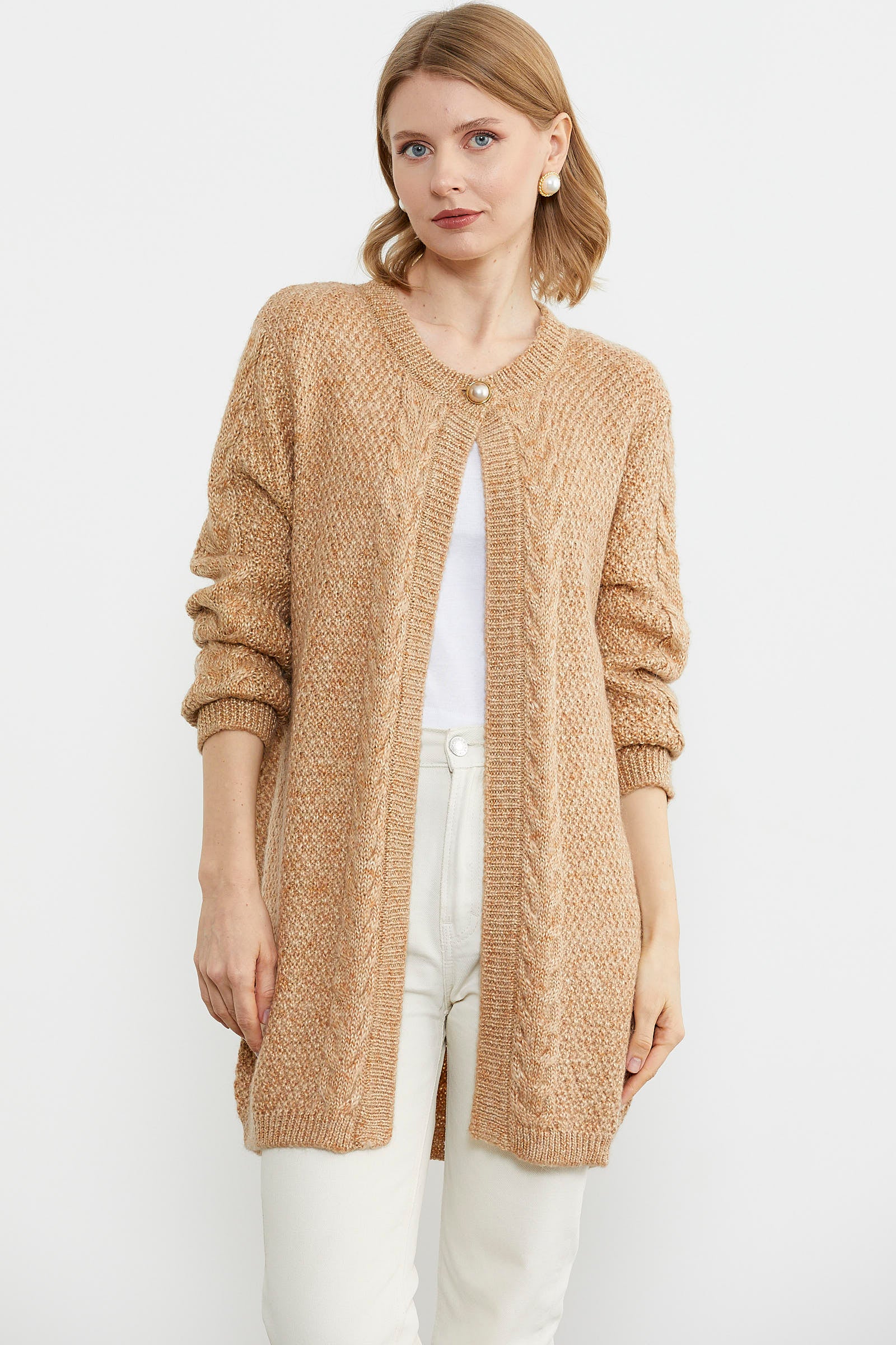 Tek Düğme Uzun Triko Hırka - Kamel (3) Sementa