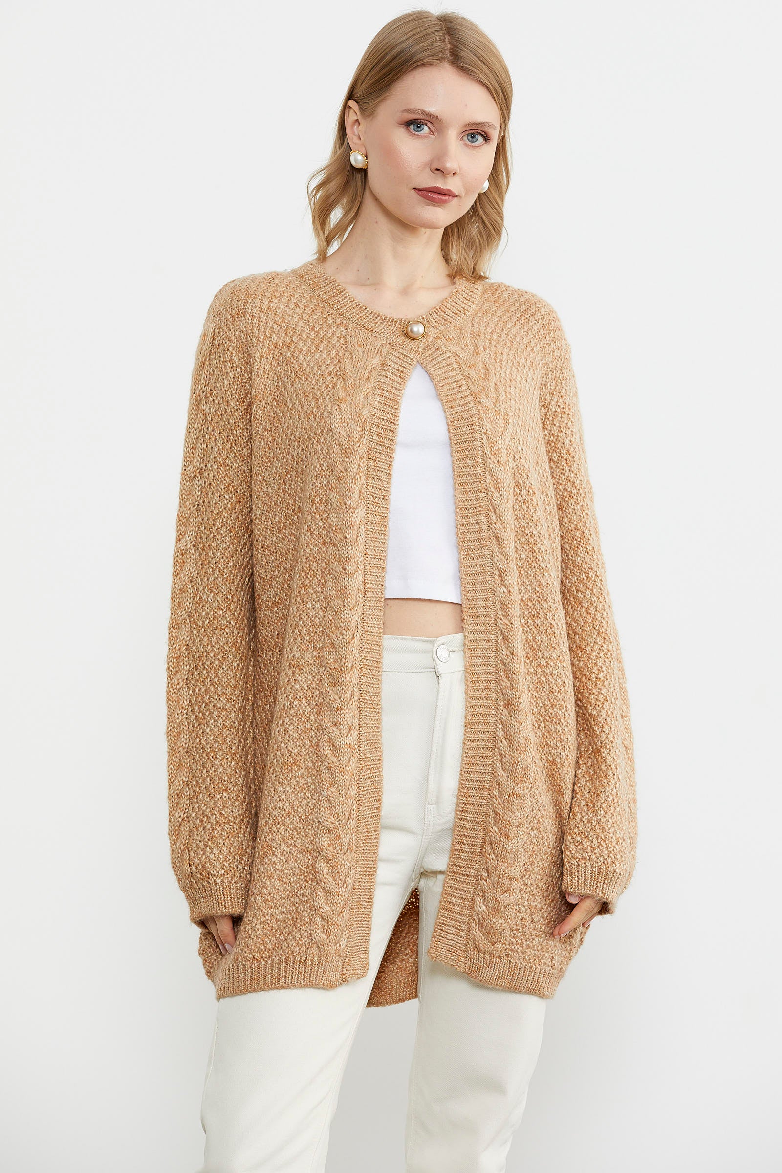 Tek Düğme Uzun Triko Hırka - Kamel (4) Sementa