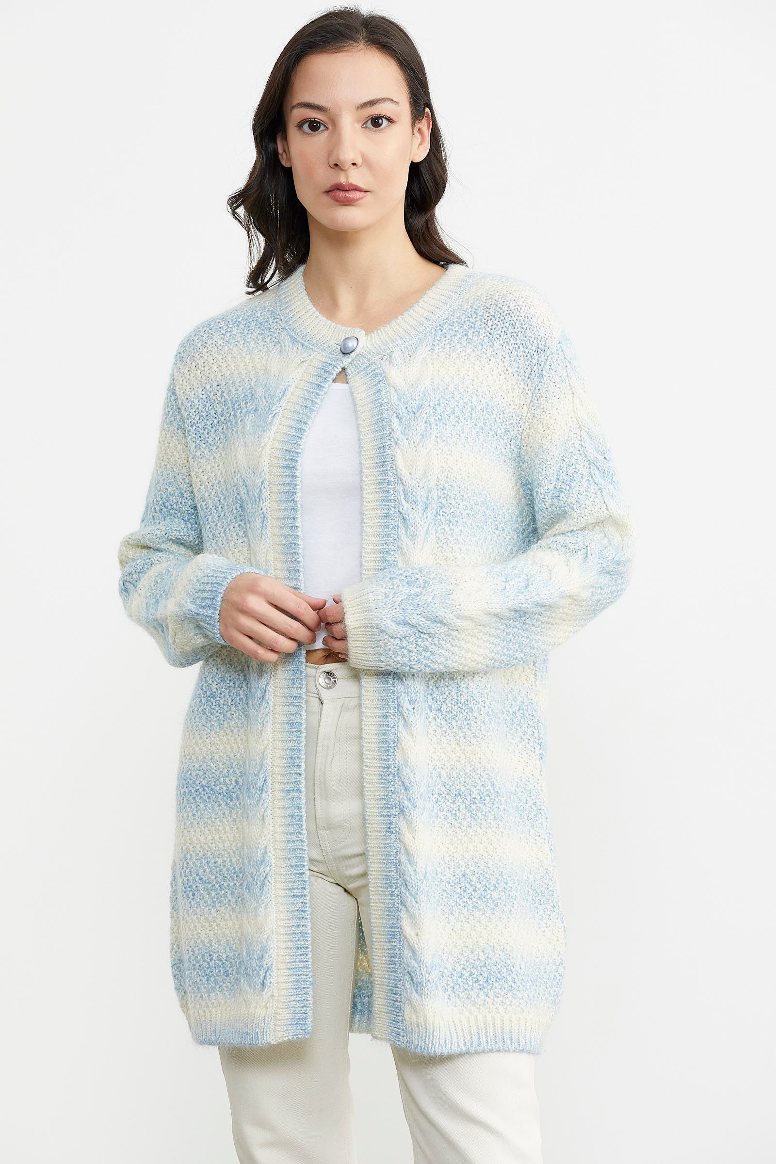 Tek Düğme Uzun Triko Hırka - Mavi (1) Sementa