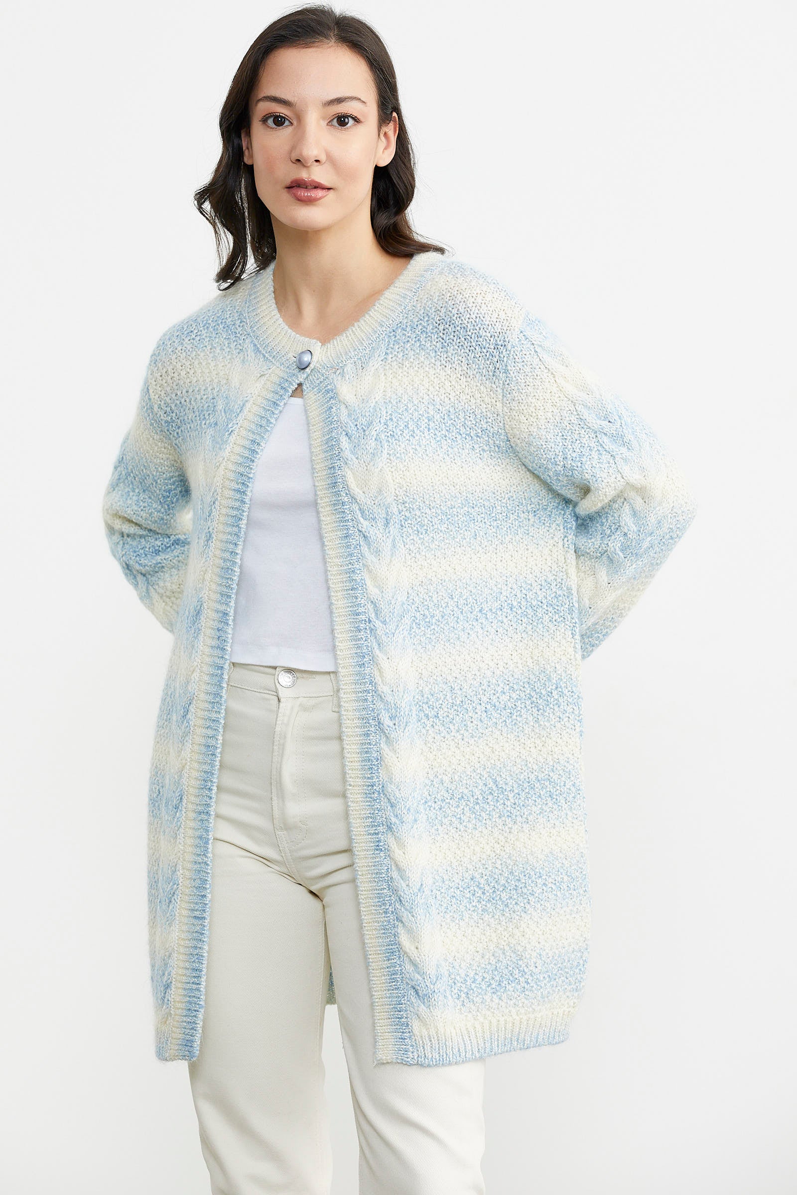 Tek Düğme Uzun Triko Hırka - Mavi (3) Sementa