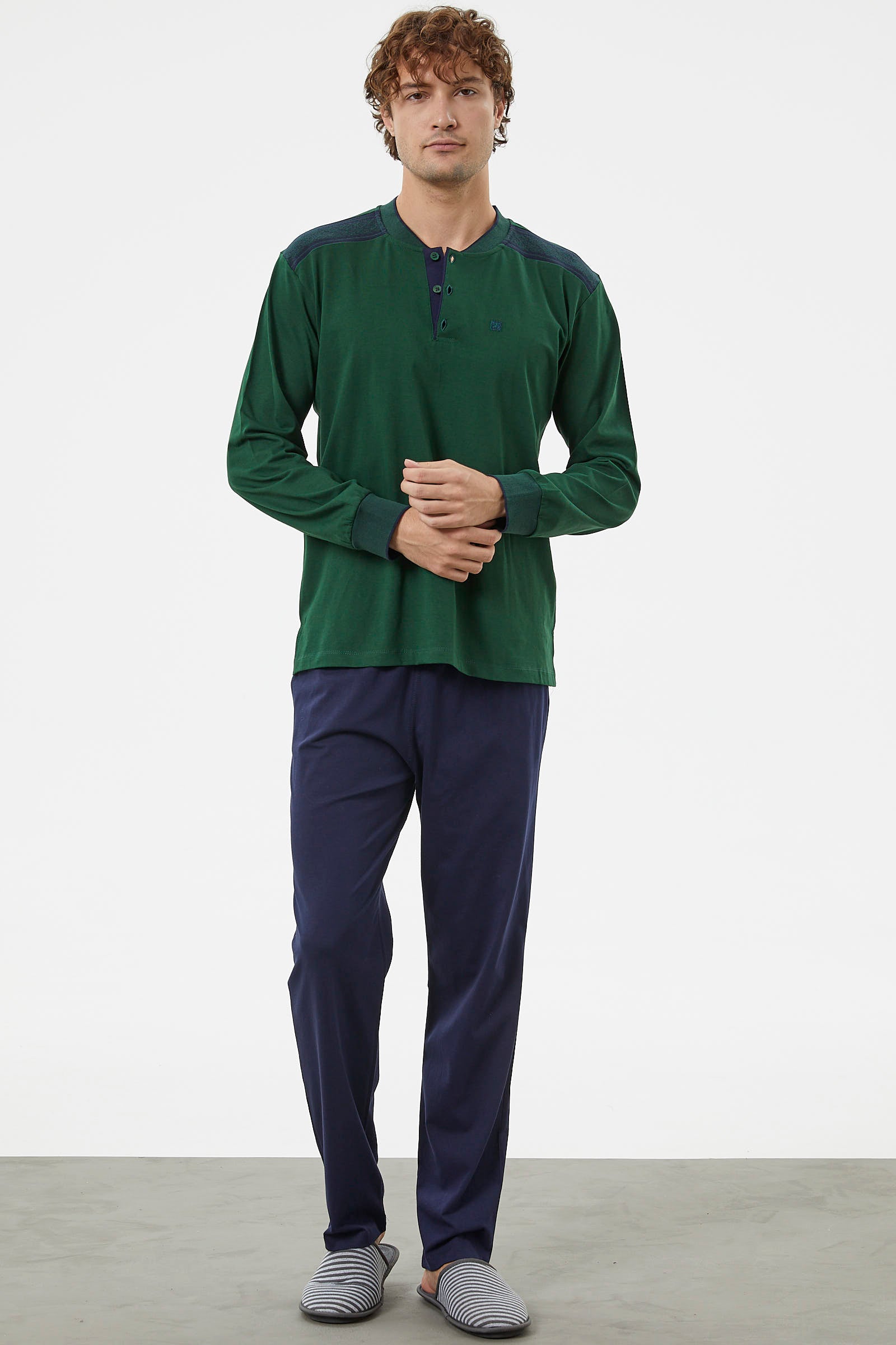 Triko Kombinli Düğmeli Pijama Takım - Yeşil (1) Sementa