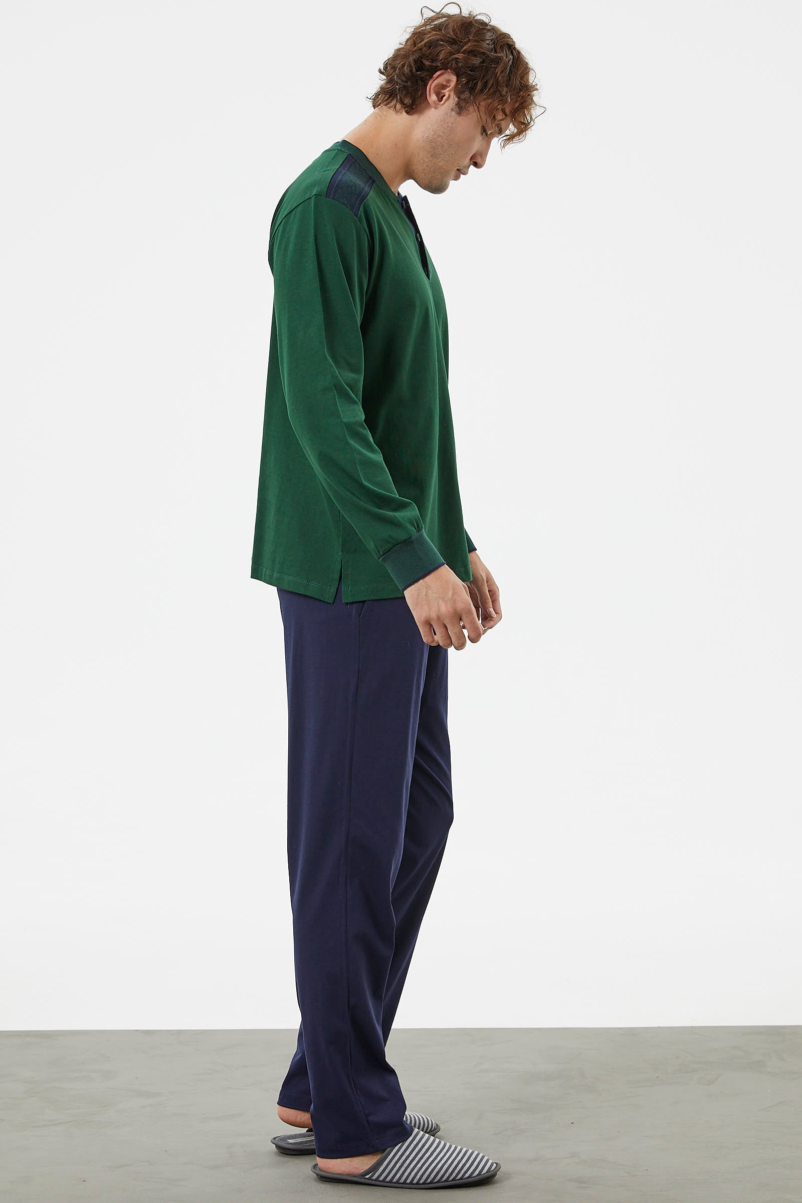 Triko Kombinli Düğmeli Pijama Takım - Yeşil (5) Sementa