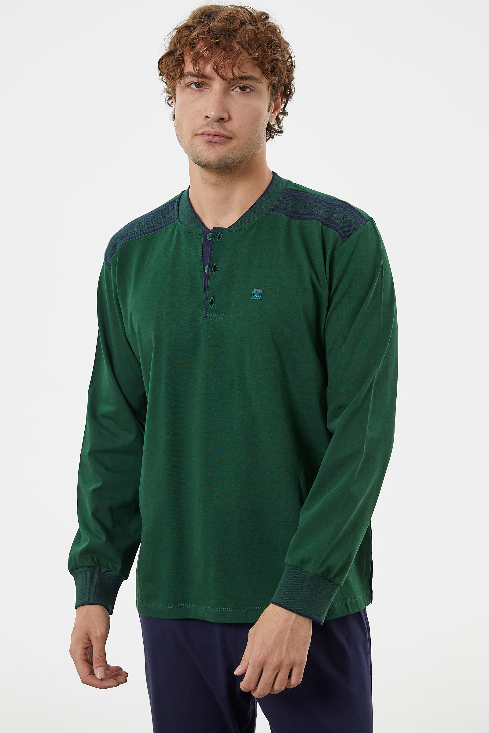 Triko Kombinli Düğmeli Pijama Takım - Yeşil (3) Sementa