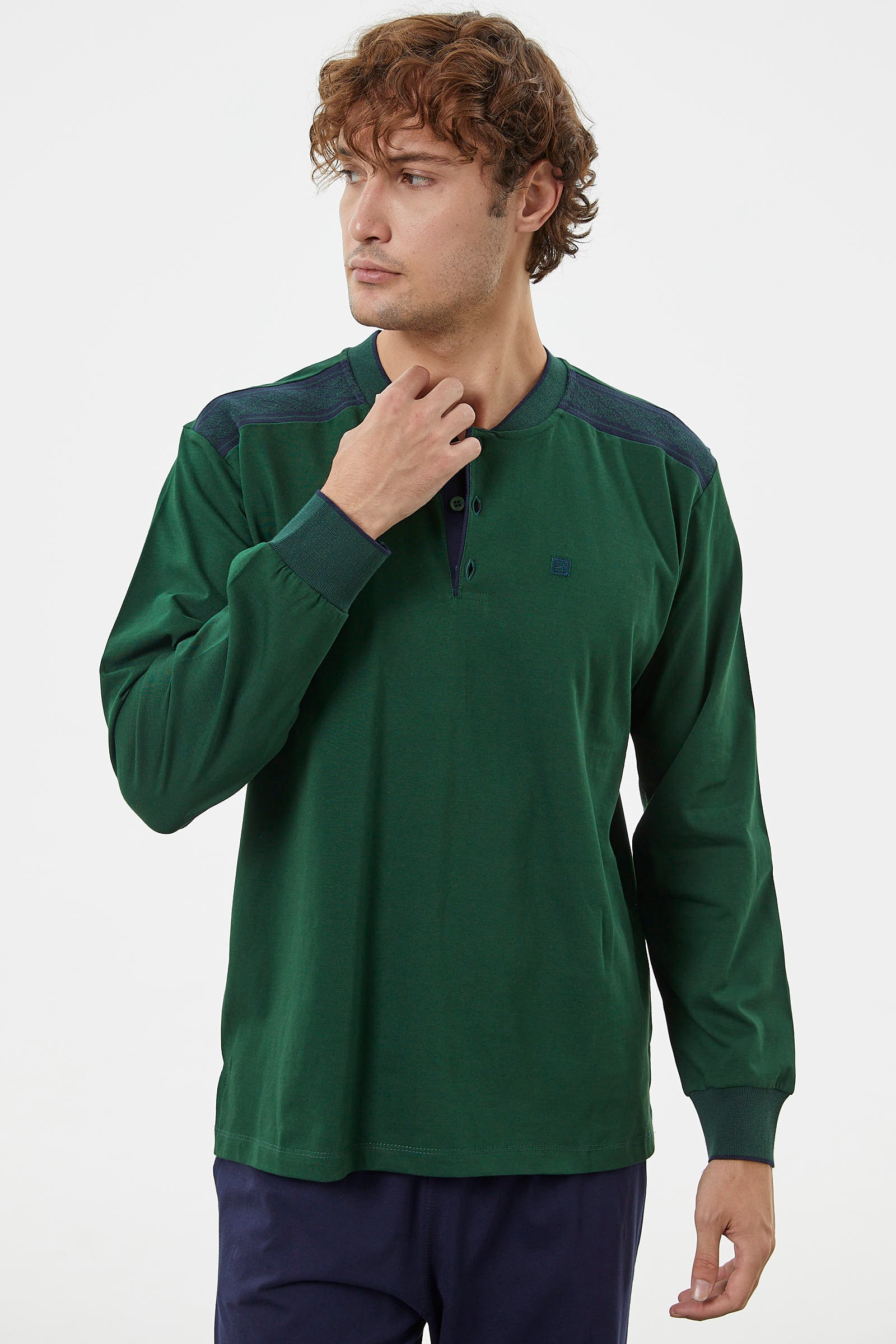 Triko Kombinli Düğmeli Pijama Takım - Yeşil (4) Sementa