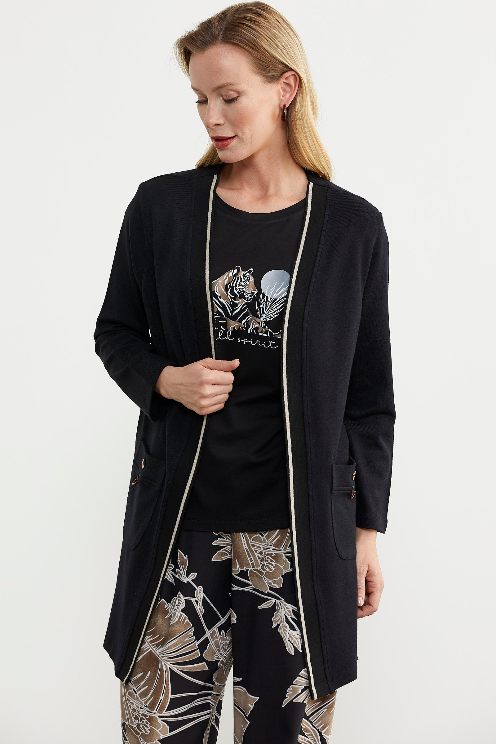 Triko Şeritli Büyük Beden Ceket - Siyah (2) Sementa