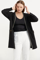 Triko Şeritli Büyük Beden Krep Ceket - Siyah (3) Sementa