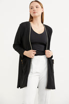 Triko Şeritli Büyük Beden Krep Ceket - Siyah (4) Sementa