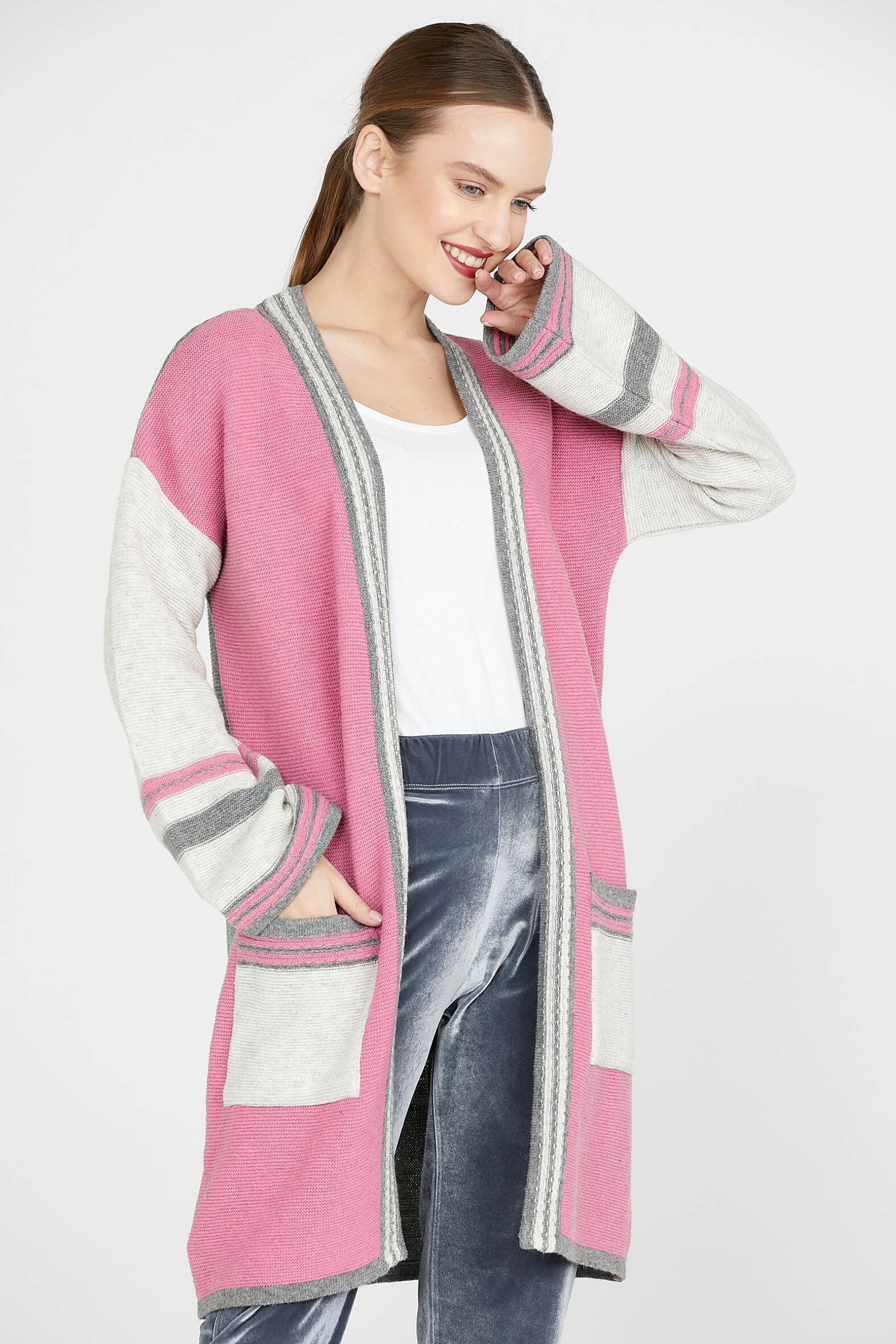 Triko Uzun Hırka - Gri - Pembe (2) Sementa