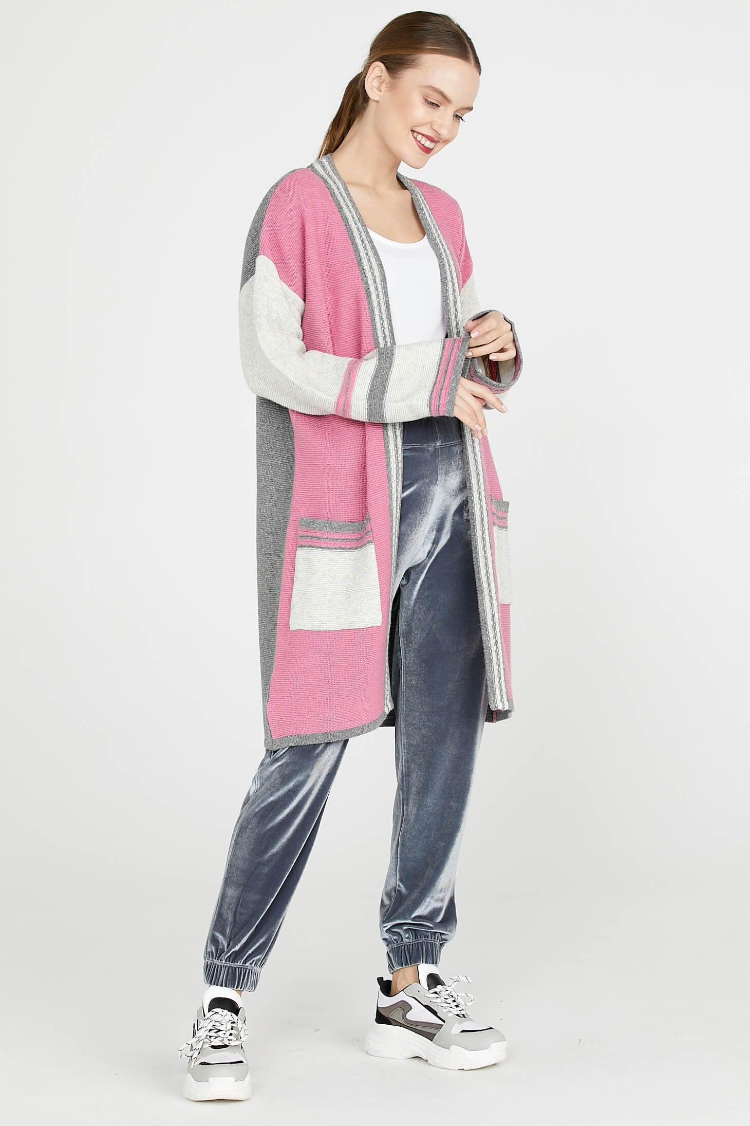 Triko Uzun Hırka - Gri - Pembe (3) Sementa