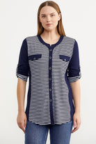 Truvakar Kol Cep Detaylı Çizgili Tişört - Lacivert (1) Sementa