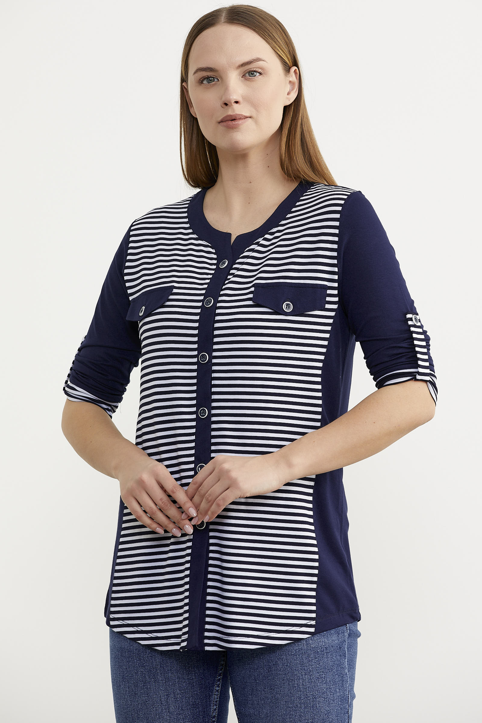 Truvakar Kol Cep Detaylı Çizgili Tişört - Lacivert (2) Sementa